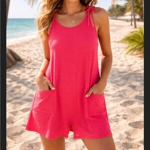 Source Unknown Bright Pink Ribbed Tie-Shoulder Romper